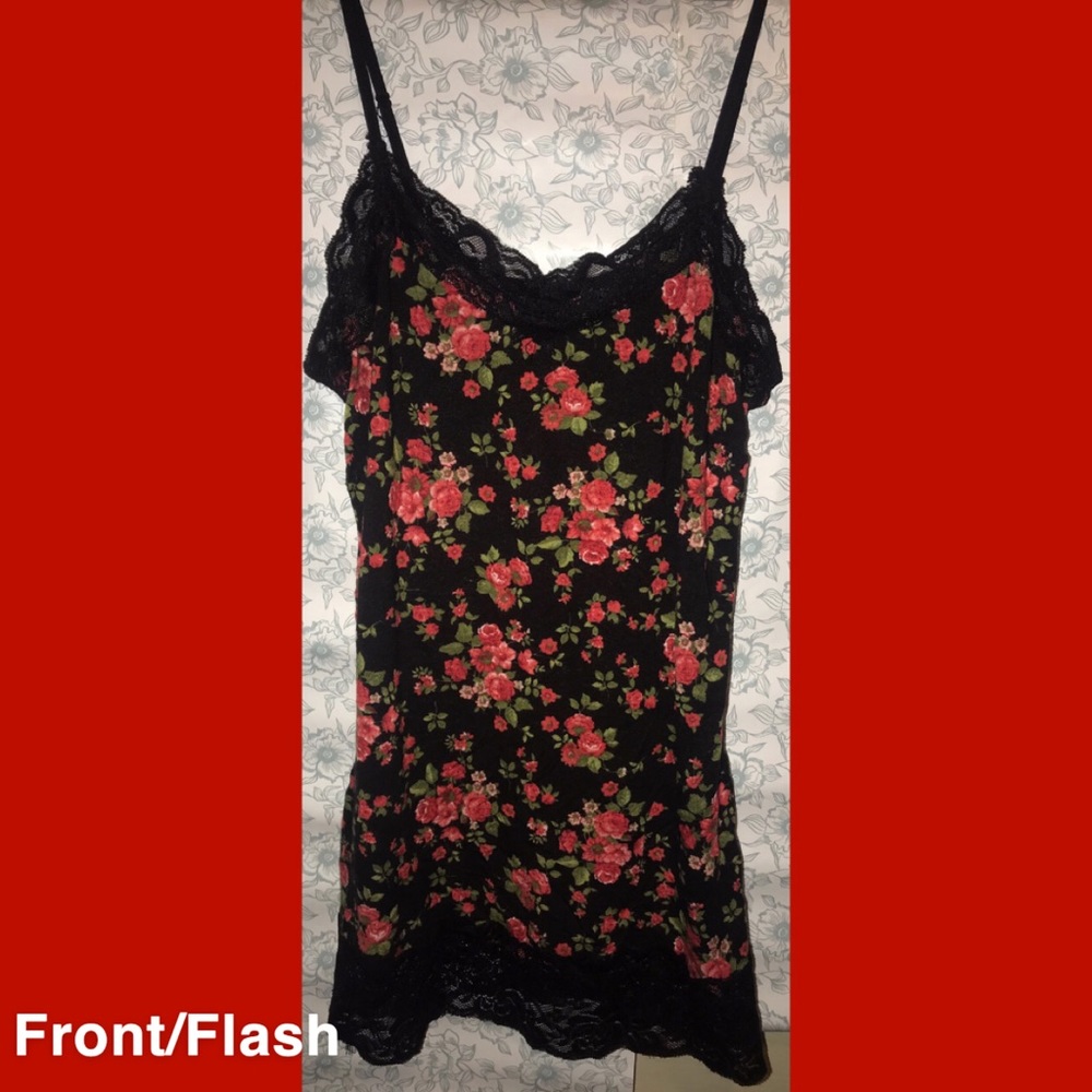 Rose Floral Print & Black Lace Cami Top